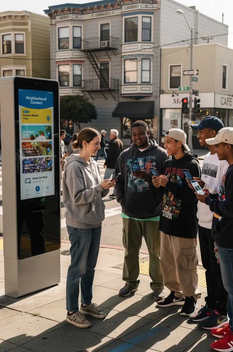 Local community members discussing smart city technology solutions at a neighborhood meeting